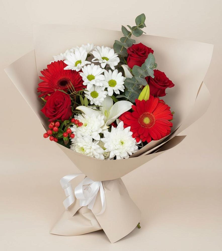 Букет цветов из: Розы, Хризантемы, Герберы и Лилии в Тахтамукайском