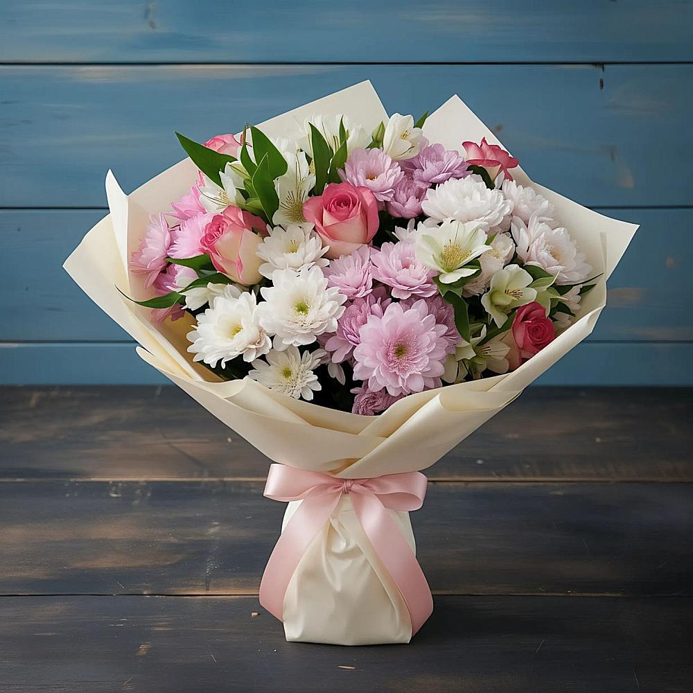 Букет цветов из: Хризантемы, Альстромерии и Розы в Тахтамукайском